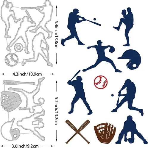 Vista 2 de BENECREAT Plantillas de corte con temática de béisbol, plantillas de corte en relieve de metal para jugador de béisbol, herramientas de grabado