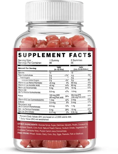 Vista 8 de Suplemento de gomitas de hierro vegano - con vitamina C, A, complejo B, folato, zinc para adultos y niños - Apoyo para la salud de la sangre