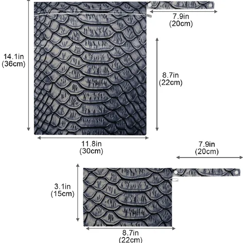 Vista 7 de 2 bolsas húmedas con estampado 3D de piel de serpiente con bolsillos con cremallera, lavable, reutilizable, espaciosa, bolsa de pañales para viajes