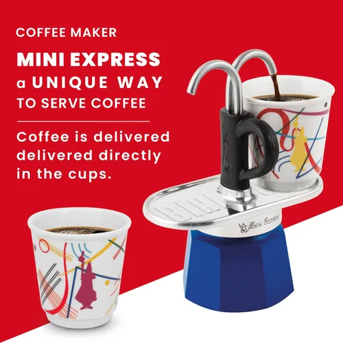 Vista 6 de Bialetti - Mini Express Kandinsky: El juego Moka incluye cafetera 2 tazas (2.8 Oz) + 2 vasos de chupito, azul claro, aluminio