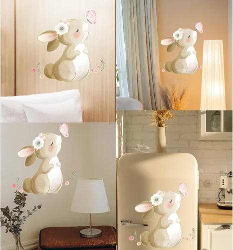Vista 2 de HomeSoGood Calcomanías de pared con forma de conejito de dibujos animados, diseño de mariposa con forma de conejo, decoración de pared