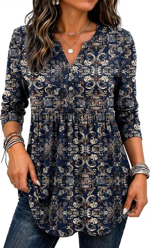 Vista 21 de Zeagoo Blusas de manga larga para mujer, estilo bohemio, cuello en V negro (Flower Black)