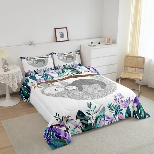 Vista 3 de Erosebridal Juego de edredón de perezoso tamaño individual, bonito edredón de plumón de perezoso en árbol para niños y niñas, juego de ropa de cama