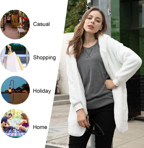 Vista 4 de LONGYUAN Chaqueta de forro polar para mujer, abrigos casuales con capucha mullida, suéteres con bolsillos