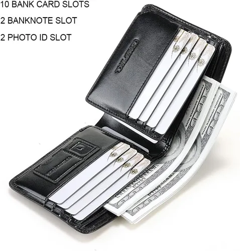Vista 72 de Billetera de piel triple con bloqueo RFID para hombre con 2 ventanas de identificación, 2 compartimentos para efectivo, 6-8 ranuras para tarjetas