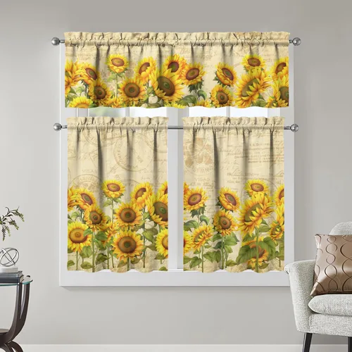 Vista 13 de Juegos de cortinas bohemias de cocina para ventanas, cortina bohemia con flores, cenefa para ventana de fregadero, juego de 3 piezas, decoración