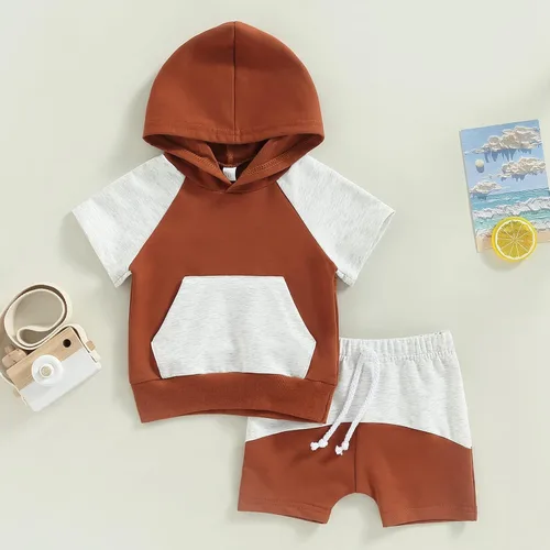 Vista 2 de Conjunto de ropa de verano para bebés y niñas con capucha y pantalones cortos con cordón, conjunto casual de verano