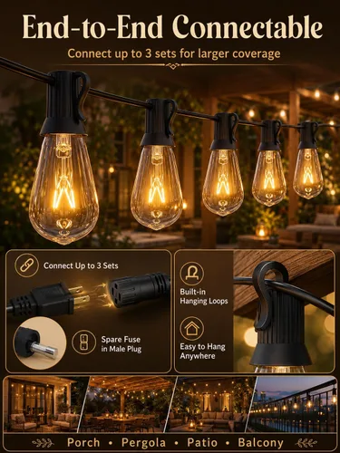 Vista 7 de Abeja Luces de Cadena para Exteriores de 20 Pies con 20 Bombillas Vintage (2 de Repuesto), Luces de Cadena ST40, Resistente al Agua, Certificación