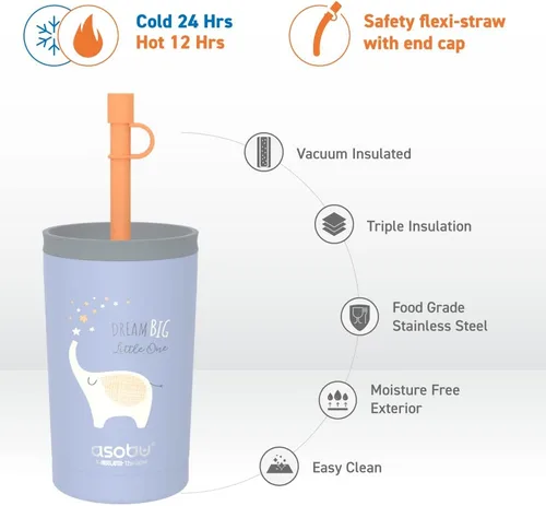 Vista 3 de asobu Vaso de acero inoxidable para niños con tapa flexible con popote Botella de agua aislada Vaso de viaje reutilizable de 12 onzas (azul)
