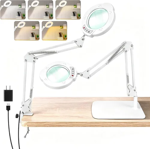 Vista 8 de Lupa grande de 10 veces con luz y soporte, lámpara de escritorio LED con abrazadera, 5 modos de color, 10 niveles regulables, manos libres para Negro