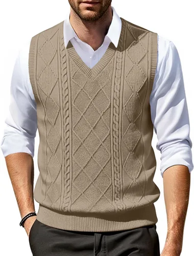 Vista 18 de COOFANDY Chaleco de Suéter con Cuello en V para Hombre Chaleco de Punto Casual Pullover Chaleco Ajuste Ceñido Sin Mangas Ligero Chaleco de Suéter