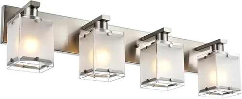 Vista 11 de Iluminación de aplique de pared de 2 luces con base de bombilla E26, lámpara de tocador de baño moderna de níquel cepillado para sobre espejo