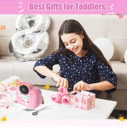 Vista 7 de Cámara para niños con impresión instantánea para niños, cámaras para niños pequeños, cámaras de video digitales HD 1080P, juguete de cámara Rosa
