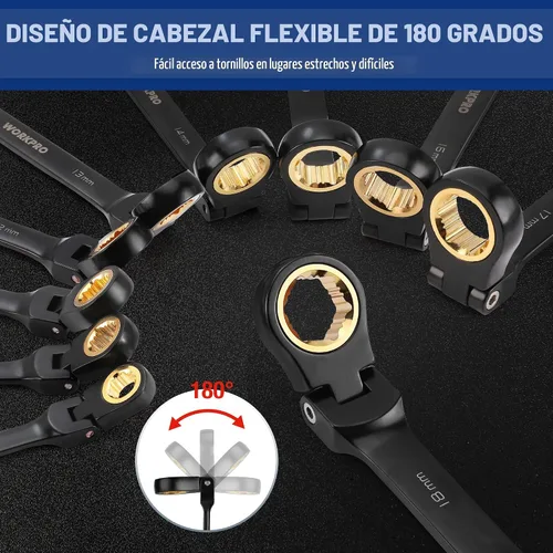 Vista 2 de WORKPRO Juego de llaves de trinquete de 22 piezas con cabezal flexible de 180°, diente antideslizante, juegos de llaves combinadas con caja