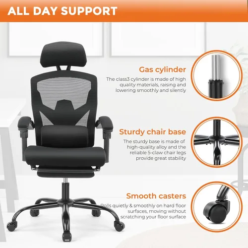 Vista 7 de Sweetcrispy Silla de escritorio para computadora de oficina, ergonómica, con respaldo alto, de malla, giratorias, con ruedas, cómodo soporte lumbar
