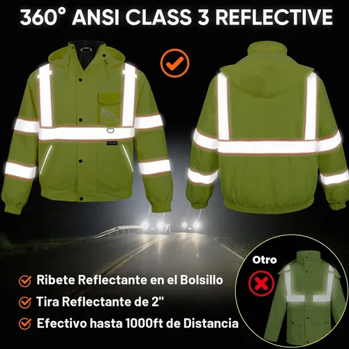 Vista 6 de TICONN Hi Vis Safety Bomber Jacket, Fleece-Lined Waterproof ANSI Class 3