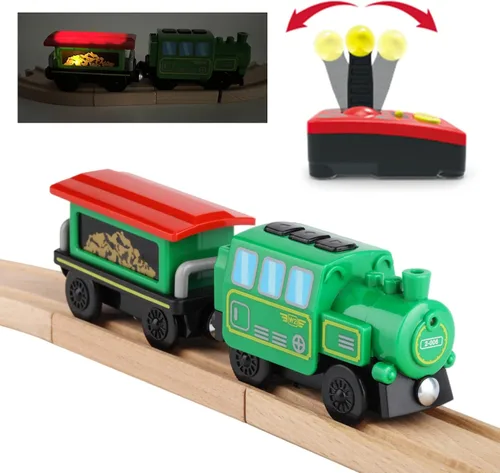 Vista 3 de Juego de tren de locomotora a pilas para pista de madera, vehículos magnéticos de control remoto eléctrico de juguete con potente luz de motor
