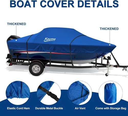 Vista 4 de Kayme Cubierta de lancha resistente 1200D para barcos de 14 a 16 pies, impermeable, resistente al desgarro con correas reforzadas al viento, ideal