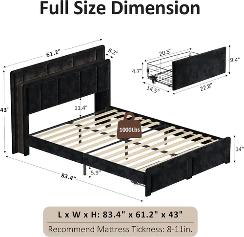 Vista 2 de Base de cama de tamaño matrimonial, cama de plataforma tapizada con 2 cajones de almacenamiento, cabecera de canal vertical de terciopelo con luces