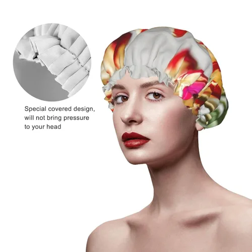 Vista 4 de Gorro de ducha con estampado de tulipanes coloridos, gorro de baño elástico y reutilizable para cabello largo, gorro de ducha grande impermeable