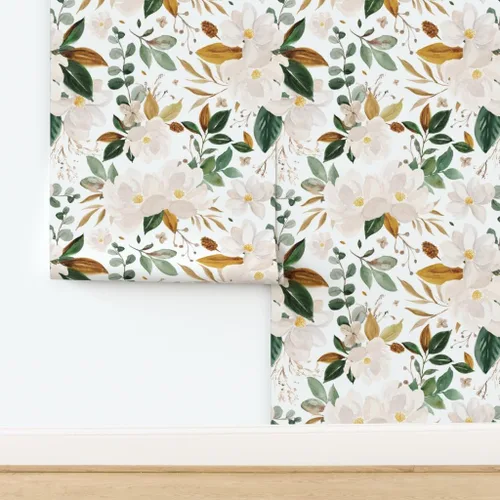 Vista 4 de Spoonflower Papel tapiz para despegar y pegar - Papel pintado extraíble personalizado con flores de magnolias florales doradas