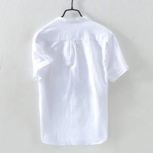 Vista 3 de WENKOMG1 Camisa de algodón con botones y textura de línea de algodón para hombre, ajuste holgado, sin cuello, transpirable, casual, de manga corta
