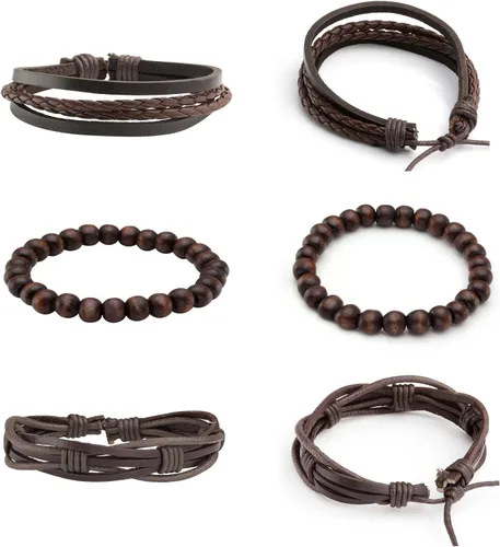 Vista 2 de Milakoo - 10 pulseras de cuero trenzado para hombre y mujer, pulseras de cuentas de madera ajustables