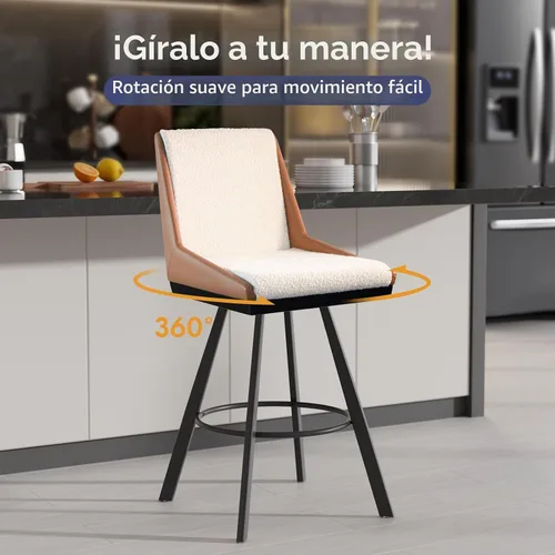 Vista 3 de Juego de 2 taburetes de bar giratorios de 26 pulgadas con respaldo, beige y marrón