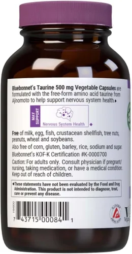 Vista 3 de Bluebonnet Taurina 500 mg Cápsulas de vitaminas, 50