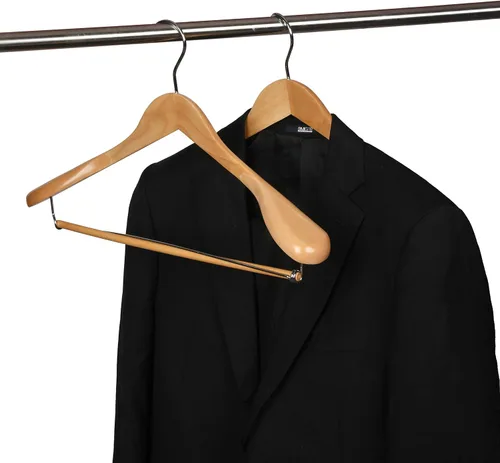 Vista 2 de Perchas de madera de lujo con hombros anchos, paquete de 2 unidades, con barra de bloqueo, acabado natural liso de madera para armario, soporta