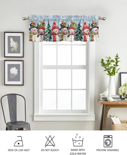 Vista 15 de Cenefa de cortina con lazo rojo de Navidad para ventanas, sala de estar, cocina, baño, granja, bolas de Navidad de acuarela con diseño de bayas