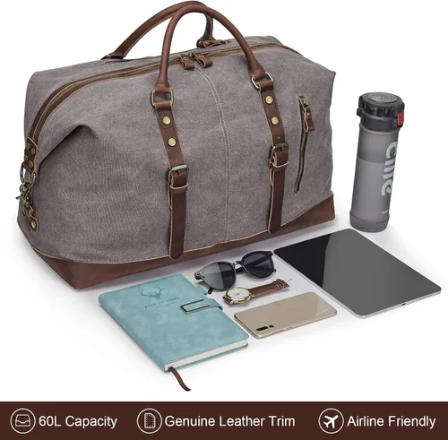 Vista 21 de S-ZONE - Bolsa de viaje de lona sobredimensionada con adornos de cuero genuino, bolsa deportiva de hombro de fin de semana, bolso de fin de semana