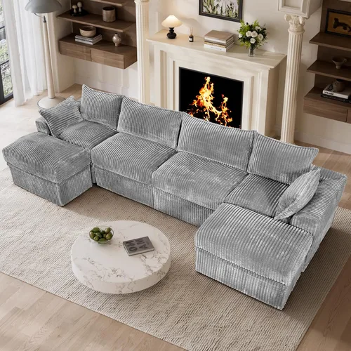 Vista 2 de Sofá modular sin hueso de 122 pulgadas con almacenamiento, sofá nube en forma de U con asiento extra profundo, sofás seccionales de pana de 6 plazas