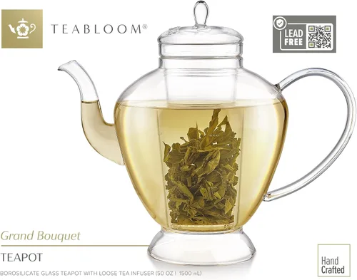 Vista 3 de Teabloom Grand Bouquet - Tetera de vidrio con infusor de vidrio Microdot, elegante tetera de borosilicato de 50 onzas para tés de hojas enteras