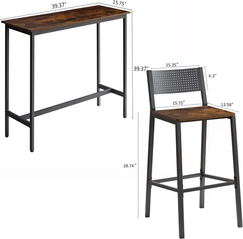 Vista 2 de LUCKHAO Juego de mesa de comedor de 3 piezas industrial para 2, mesa de comedor de altura de encimera de cocina con base de mesa ajustable