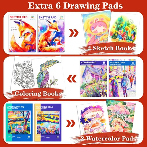 Vista 4 de POPYOLA Suministros de arte, juego de arte de lujo de 269 piezas con 6 blocs de dibujo, pinturas de acuarela, crayones y lápices