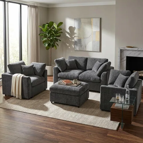 Vista 14 de Moderno juego de sofá de 3 piezas, 1 sofá biplaza y 2 sillones, juego de muebles modulares de sala de estar, tapicería Boucle, marco de sofá