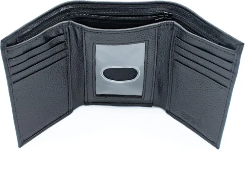Vista 4 de RFID Safe Cartera de cuero triple plegable J130 Pulgar ID Key Holder YKK Zip Bill ranura en bolsa de regalo, Negro J130TF, Billetera triple