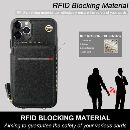 Vista 3 de Bocasal Funda tipo cartera cruzada para iPhone 11 Pro Max, funda de piel con bloqueo RFID y soporte para tarjetas, funda protectora con cremallera