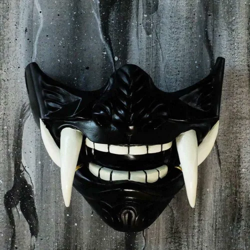Vista 4 de asky Máscara japonesa Hannya Demon Oni Samurai NOH Kabuki Prajna Devil Media máscara Cosplay (negro)