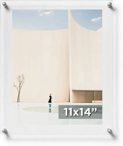 Vista 10 de Marco de fotos acrílico flotante de doble panel transparente de 8 x 10 pulgadas con herrajes dorados para mostrar arte y fotos en la pared