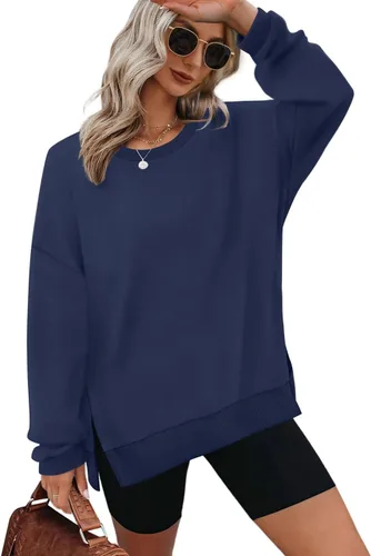 Vista 9 de XIEERDUO Sudaderas de gran tamaño para mujer, estilo casual, cuello redondo, manga larga, cómodas 01-Negro