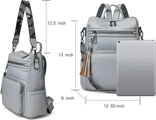 Vista 30 de OPAGE - Mochila de cuero para mujer, con borla de moda, bolso de hombro, mochila grande, bolsa de viaje, gris, L