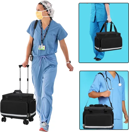 Vista 4 de Gatycallaty Bolso Médico Rodante con Ruedas, Bolso de Viaje, Trolley, Duffel, para Enfermeras, EMT, CNA, RN, Vacío para Primeros Auxilios, Respuesta