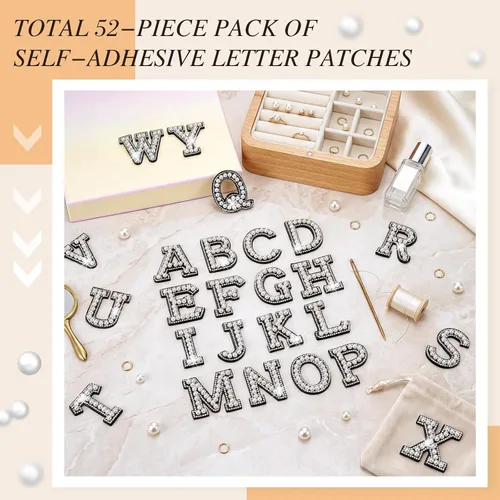 Vista 6 de 52 piezas de diamantes de imitación de letras de perlas A-Z suministros de regreso a casa, color negro Rhinestone Letter Patches, A-Z Alphabet