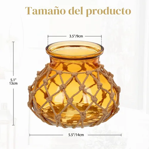 Vista 4 de Hollyone Jarrón de vidrio ámbar con cubierta de cuerda de algodón, jarrón redondo de vidrio tejido, botella de flores decorativa, jarrón moderno