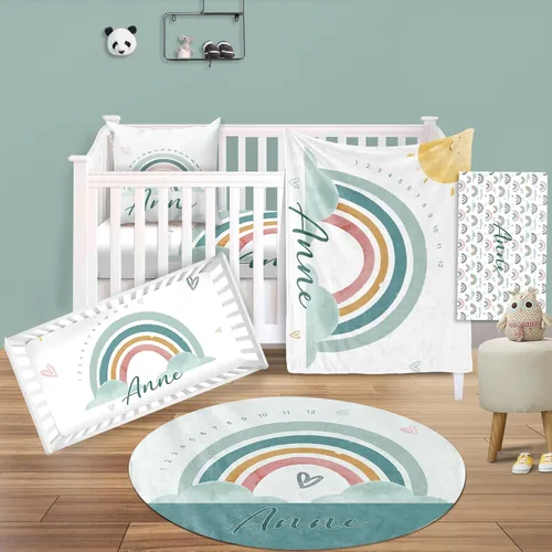 Vista 26 de Juego de ropa de cama para cuna de bebé, 5 piezas, diseño de bolas y arco iris, manta de bebé con nombre personalizado, sábana bajera para cuna