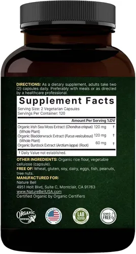 Vista 8 de NatureBell Musgo marino 3 en 1 - 240 cápsulas vegetarianas - Complejo de musgo marino con vejiga orgánica y raíz de bardana orgánica - Digestión