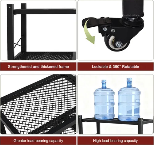 Vista 6 de Grezone Estantes plegables de 3 niveles de almacenamiento de metal resistente con ruedas – No se ensambla unidad de estantería plegable para cocina