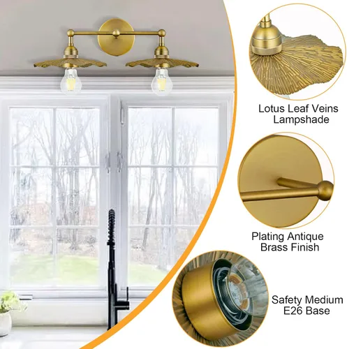 Vista 4 de PASSICA DECOR Lámpara de pared con cable de 2 cabezales, lámpara de pared para interiores, latón antiguo, 2 luces con pantalla de flores, accesorio